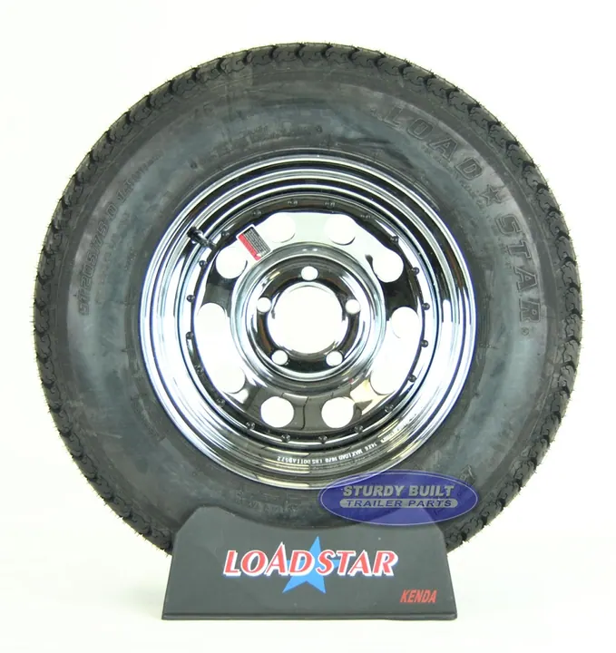 ST205/75D14 Bias Ply Tire mounted on a Chrome 5 Lug Trailer Wheel