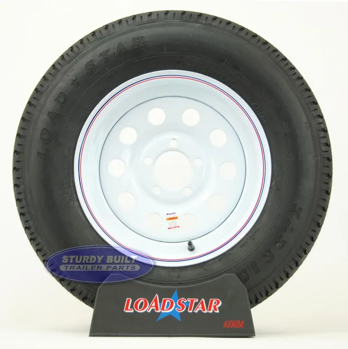 ST205/75R15 Radial Trailer Tire on a White Painted Mod 5 bolt Wheel