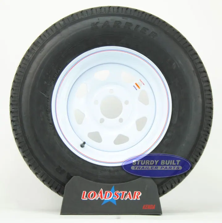 ST225/75R15 Radial Trailer Tire on a White Spoke Painted 5 bolt Wheel