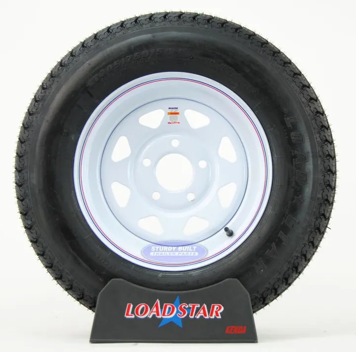ST205/75D15 Trailer Tire on a White Painted Wheel 5 on 5 Bolt Circle
