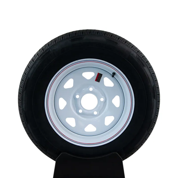 Rainier ST205/75R15 Radial Trailer Tire on a 5 Bolt White Spoke Painted Wheel