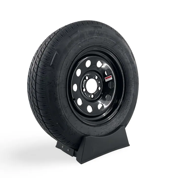 Rainier ST205/75R15 Radial Trailer Tire on a 5 Bolt Black Modular Painted Wheel