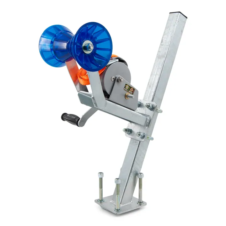 Galvanized Boat Trailer Winch Post Assembly for 3x3 Trailer Frames (Winch, Post, and Blue Poly Vinyl Roller Combo)