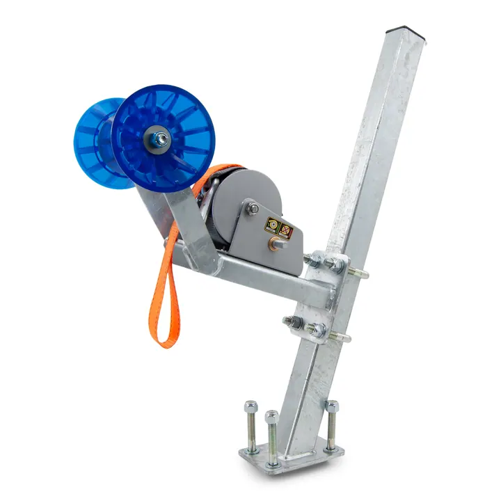 Galvanized Boat Trailer Winch Post Assembly for 2x2 Trailer Frames (Winch, Post, and Blue Poly Vinyl Roller Combo