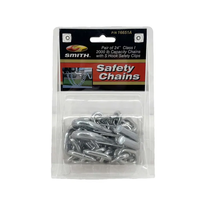 (Pair) CE Smith Trailer Safety Chains Zinc Plated Class I 3/16 in Thickness 24 in 2,000lb with S Hook